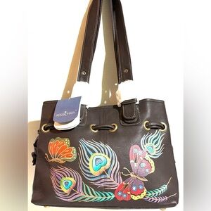 Anuschka  hand painted dark brown  Multicolor Hand-Painted Leather Tote